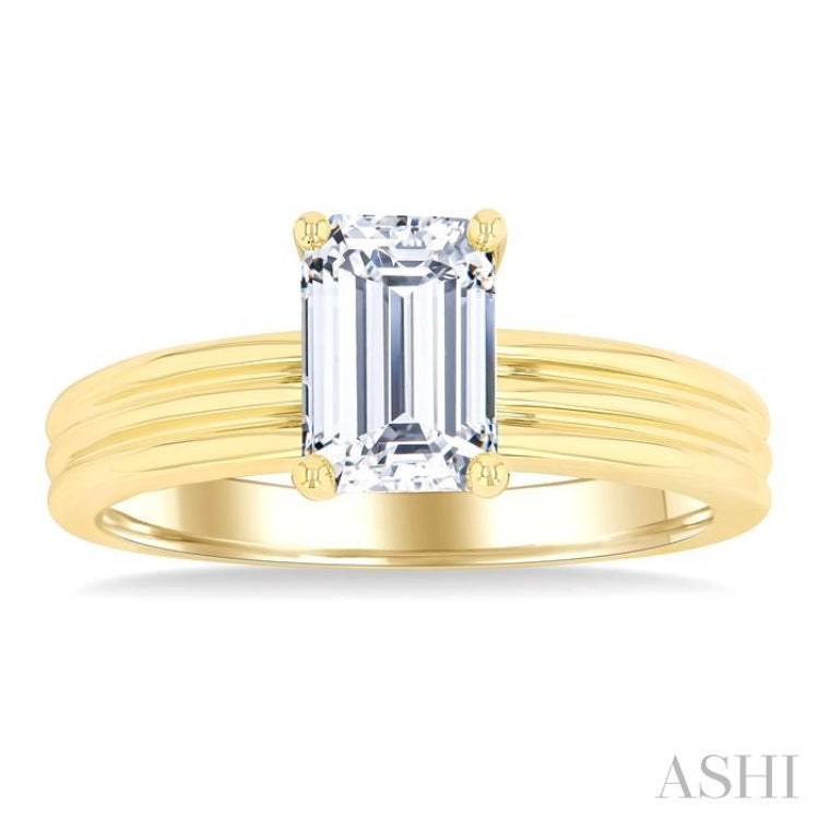 1/20 Ctw Emerald Shape Grooved Shank Round Cut Diamond Semi-Mount Engagement Ring in 14K Yellow Gold