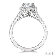 3/4 Ctw Scalloped Oval Centerpiece Circular Shape Round Cut Diamond Semi-Mount Engagement Ring in 14K White Gold