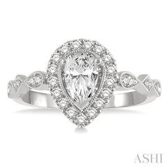 1/3 Ctw Pear Shape Carved Shank Round Cut Diamond Semi-Mount Engagement Ring in 14K White Gold