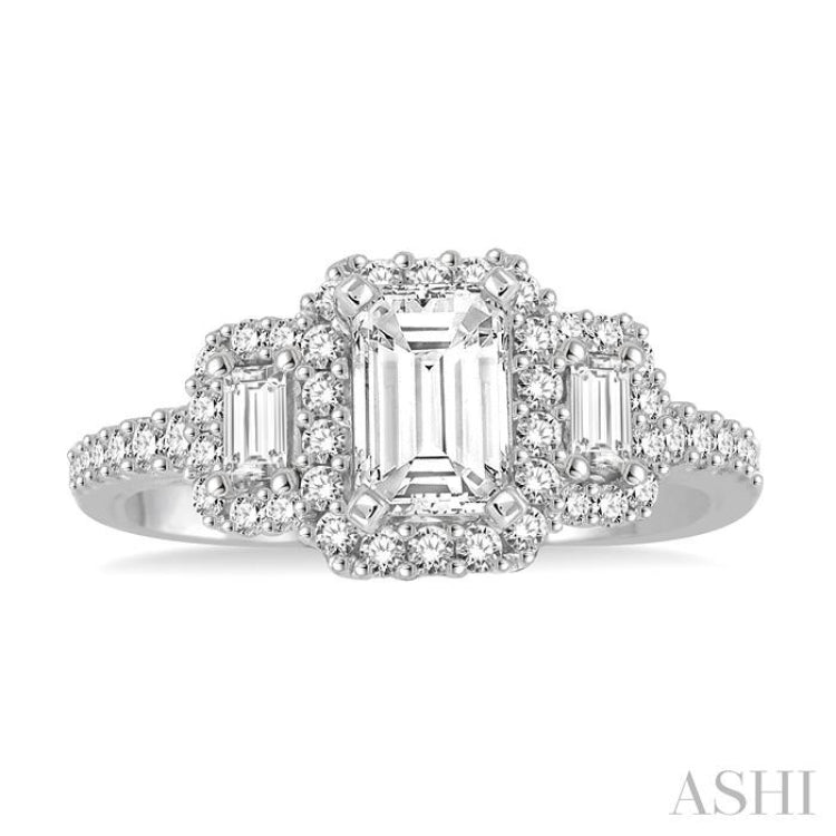 5/8 Ctw Diamond Ladies Engagement Ring with 1/4 Ct Emerald Cut Center Stone in 14K White Gold