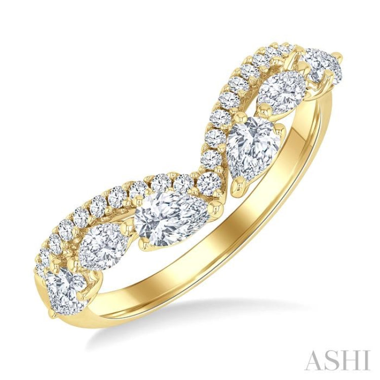 7/8 Ctw Curved Chevron Mixed Shape Diamond Cut Fashion Ring in 14K Yellow Gold