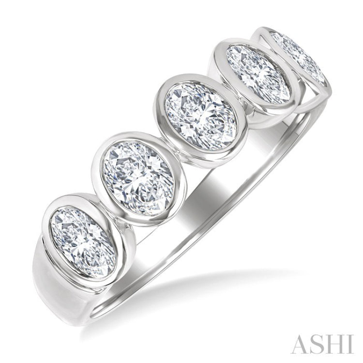 1 1/2 Ctw 5-Stone Bezel Set Oval Cut Diamond Fashion Band in 14K White Gold