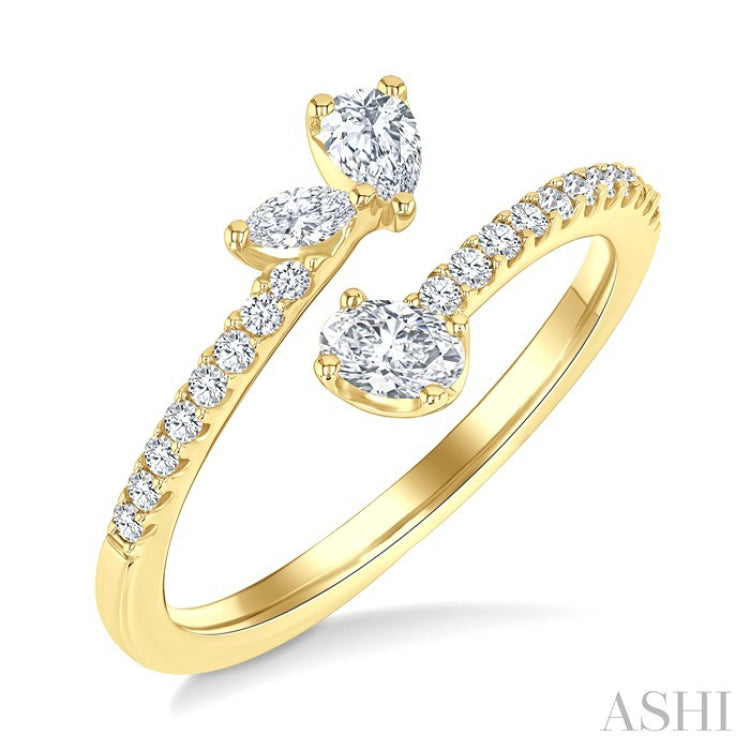 1/2 Ctw 3-Stone Mixed Diamond Cut Fashion Open Ring in 14K Yellow Gold