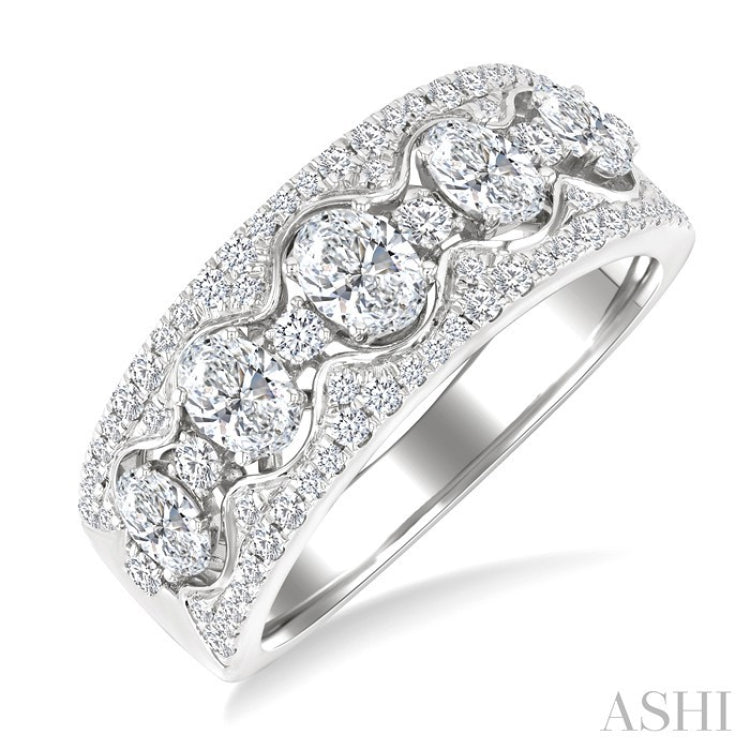 1 1/5 Ctw 5-Stone Oval and Round Cut Diamond Wide Fashion Band in 14K White Gold
