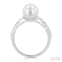 8 MM Cultured Pearl and 1/10 Ctw Round Cut Diamond Ring in 14K White Gold