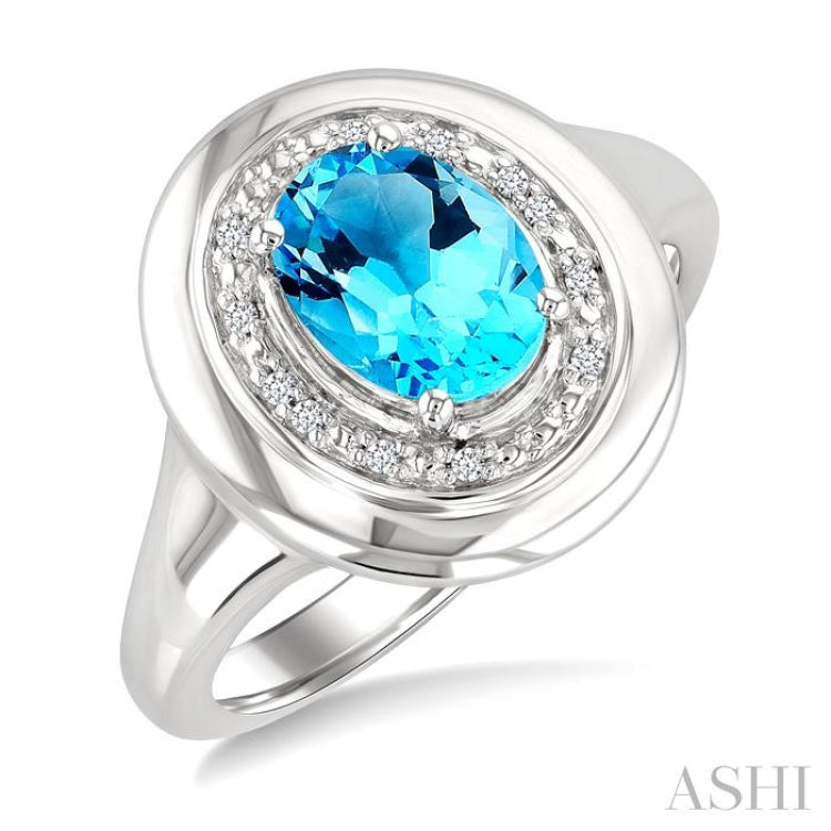8x6 MM Oval Shape Blue Topaz and 1/20 Ctw Round Cut Diamond Semi-precious Ring in Sterling Silver