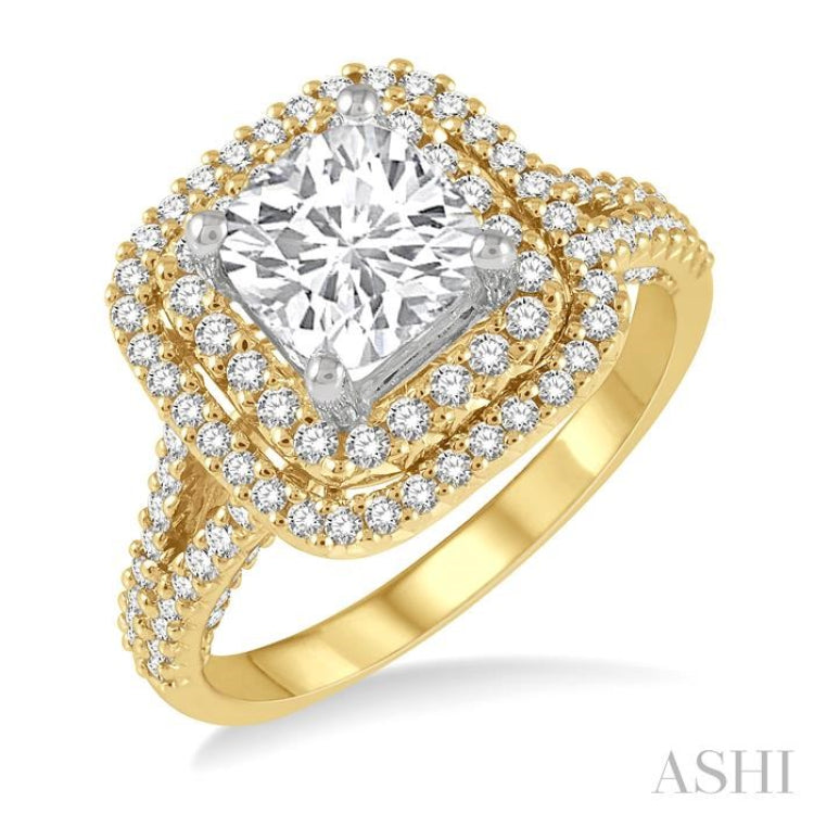 3/4 Ctw Cushion Shape Round Cut Diamond Semi-Mount Engagement Ring in 14K Yellow and White Gold