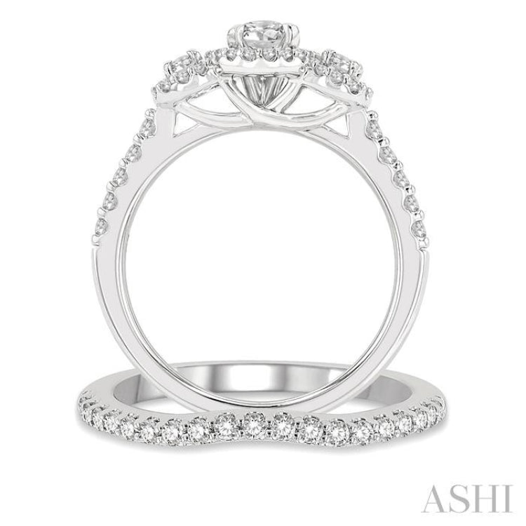 1 1/4 Ctw Diamond Wedding Set With 1 Ct Triple Oval Shape Past, Present & Future Engagement Ring and 1/4 Ct Curved Wedding Band in 14K White Gold
