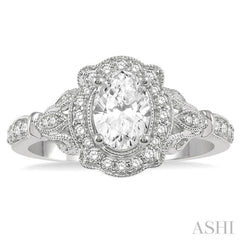 1/3 Ctw Lattice Oval Shape Semi-Mount Round Cut Diamond Engagement Ring in 14K White Gold