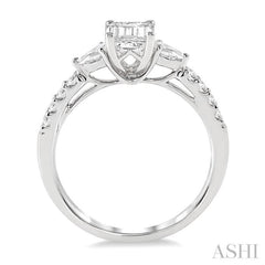 7/8 Ctw Pear & Round Cut Diamond Engagement Ring With 1/2 Ct Emerald Cut Center Stone in 14K White Gold