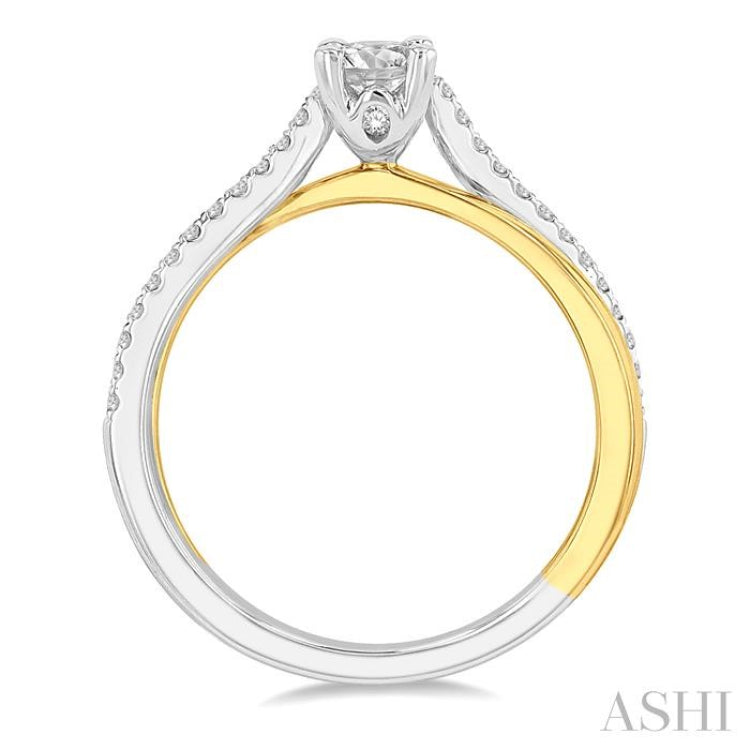 1/2 Ctw Two Tone Criss Cross Round & Oval Cut Diamond Engagement Ring With 1/3 Ct Oval Cut Center Stone in 14K White and Yellow Gold