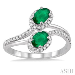 6x4 MM Oval Cut Emerald and 1/4 Ctw Round Cut Diamond Ring in 14K White Gold