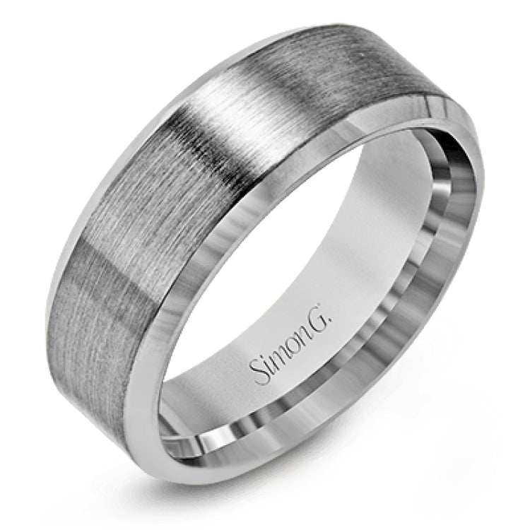 This modern men's band has a clean, classic design, a brushed metal finish and beveled edges.