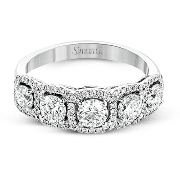 This eye-catching white gold modern band features multiple exquisite halos set with 1.33 ctw glistening round cut white diamond accents.