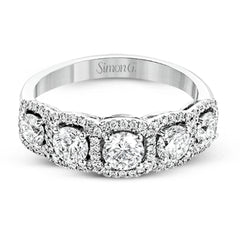 This eye-catching white gold modern band features multiple exquisite halos set with 1.33 ctw glistening round cut white diamond accents.