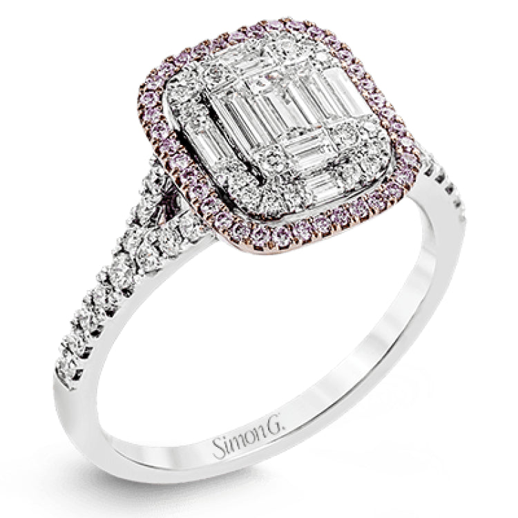 The modern style of this white gold ring is complemented by .48 ctw of glistening baguette cut white diamonds and .38 ctw of round cut white diamonds.