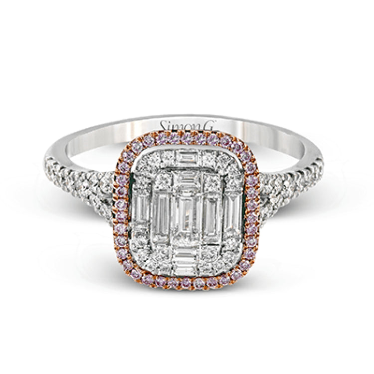 The modern style of this white gold ring is complemented by .48 ctw of glistening baguette cut white diamonds and .38 ctw of round cut white diamonds.
