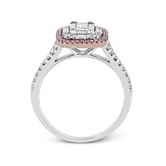 The modern style of this white gold ring is complemented by .48 ctw of glistening baguette cut white diamonds and .38 ctw of round cut white diamonds.