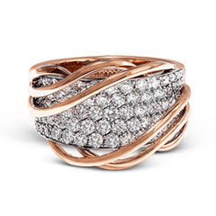 This unique two-toned ring design contains 1.40 ctw of white diamonds pave set in to 18k white gold, overlaid by organic bands of 18k rose gold.