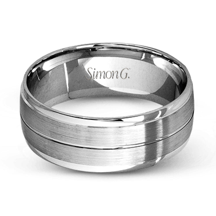 This memorable two-tone men's wedding band features double columns of matte white gold outlined with a sleek outline of yellow gold.