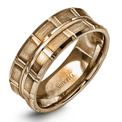 Two wide rows of sleek yellow gold are married with an elegant center cable of striking white gold in this arresting men's wedding band.