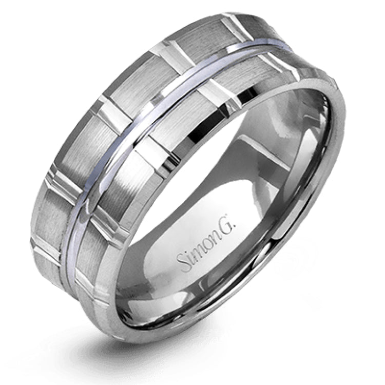 Two wide rows of sleek yellow gold are married with an elegant center cable of striking white gold in this arresting men's wedding band.