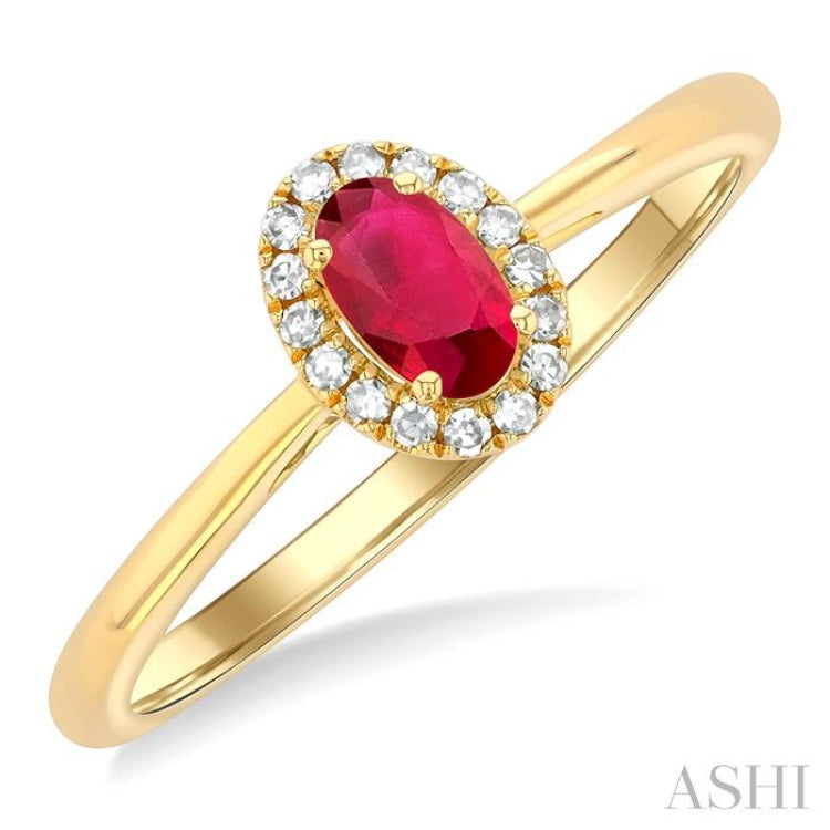 5x3 MM Oval Shape Ruby and 1/20 Ctw Round Cut Diamond Halo Precious Ring in 14K Yellow Gold