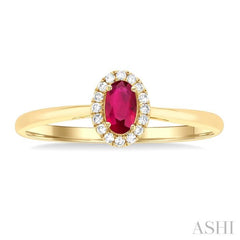5x3 MM Oval Shape Ruby and 1/20 Ctw Round Cut Diamond Halo Precious Ring in 14K Yellow Gold