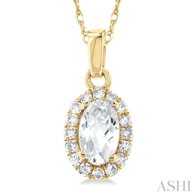 5x3 MM Oval Shape White Topaz and 1/20 Ctw Round Cut Diamond Halo Semi-Precious Pendant with Chain in 10K Yellow Gold