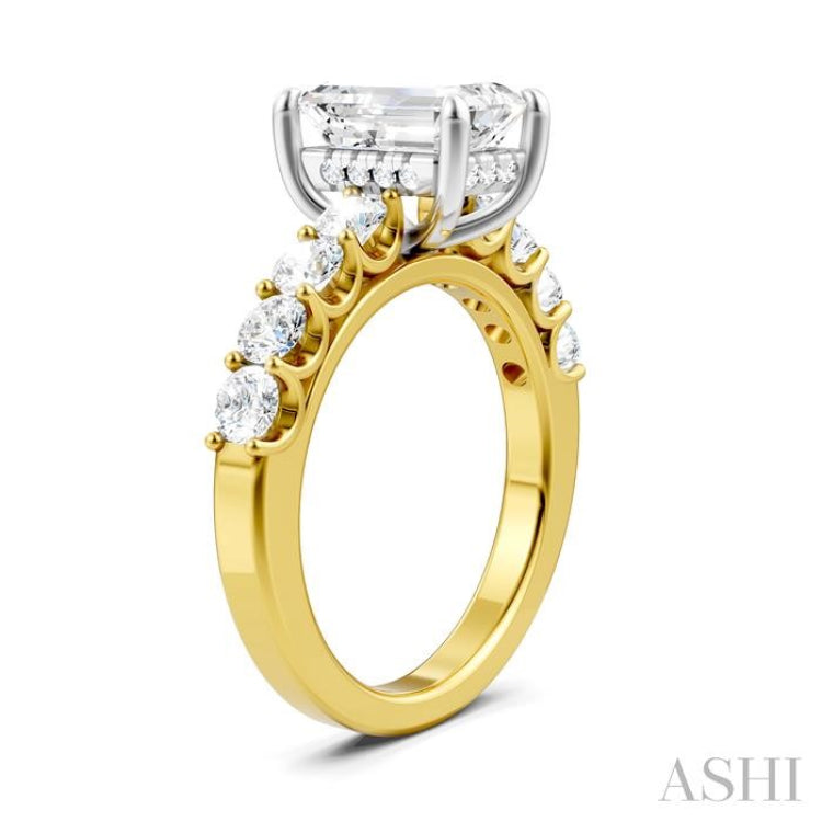 7/8 Ctw Emerald Shape Round Cut Diamond Semi-Mount Engagement Ring in 14K Yellow and White Gold