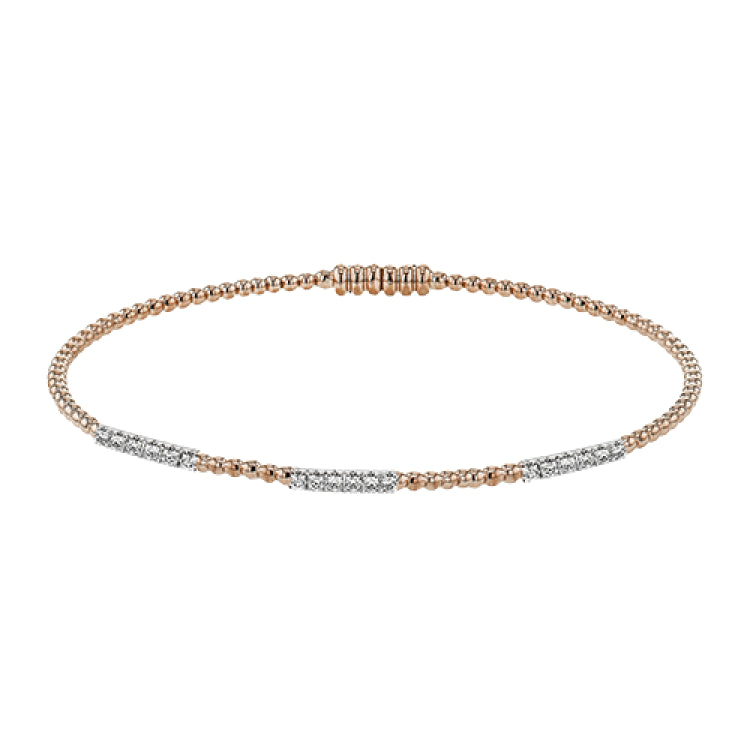 18K rose gold beaded stackable bangle with 3 stations of diamonds 0.23 ctw. set in white gold, and a magnetic closure