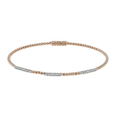 18K rose gold beaded stackable bangle with 3 stations of diamonds 0.23 ctw. set in white gold, and a magnetic closure