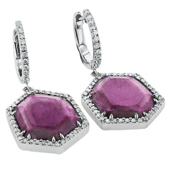 18K WHITE GOLD GEOMENTRIC SHAPPED EARRINGS FEATURING 16.91CT WATERMELON TOURMALINE EARRINGS AND .30CTTW DIAMONDS.