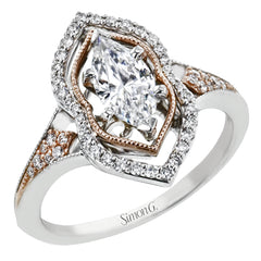 This intricate and unique ring setting is made for a marquise shaped center stone and features .23 ctw of white accent diamonds in 18k white and rose gold.