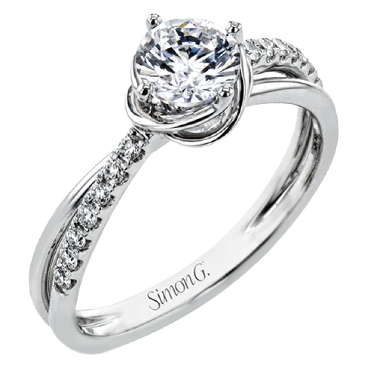 This criss-cross design engagement ring shimmers with 0.15 ctw round diamonds and a halo of gold strands wrapped around the center