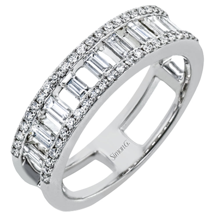 Baguette diamonds stand to attention and create and architectural effect in this unique 18k white gold ring design.