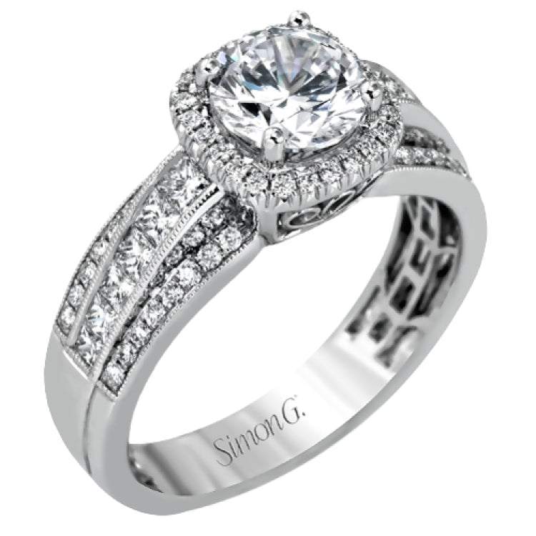 Featuring an impressive halo, this contemporary white gold engagement ring is accented by .22 ctw of round cut white diamonds and .42 ctw princess cut diamonds.
