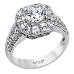 This stunning bridal ring design has a unique geometric halo set with your choice of stunning diamonds or 1.03 ctw of beautiful blue sapphires. The rest of the ring contains .52 ctw of white diamonds.
