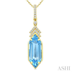 16X6 MM Hexagon Shape Blue Topaz and 1/10 Ctw Round Cut Diamond Semi-Precious Pendant With Chain in 10K Yellow Gold
