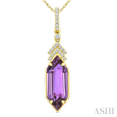 16X6 MM Hexagon Shape Amethyst and 1/10 Ctw Round Cut Diamond Semi-Precious Pendant With Chain in 10K Yellow Gold