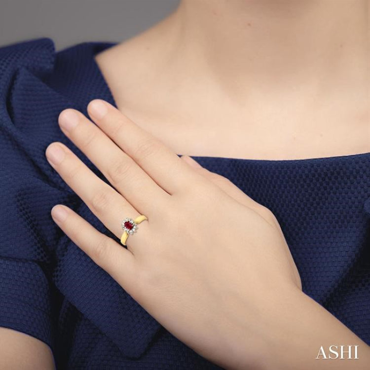 5x3mm Oval Cut Ruby and 1/10 Ctw Round Cut Diamond Ring in 10K Yellow Gold