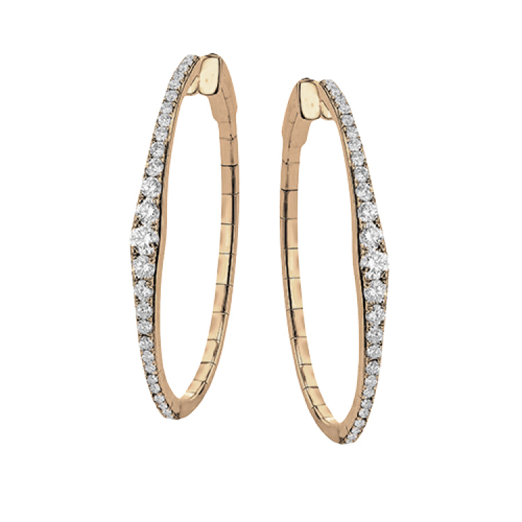 A fresh take on the diamond hoops in 18K rose gold 1.11 ctw, they taper at the ends and feature larger diamonds in the center graduating to small towards the ends.