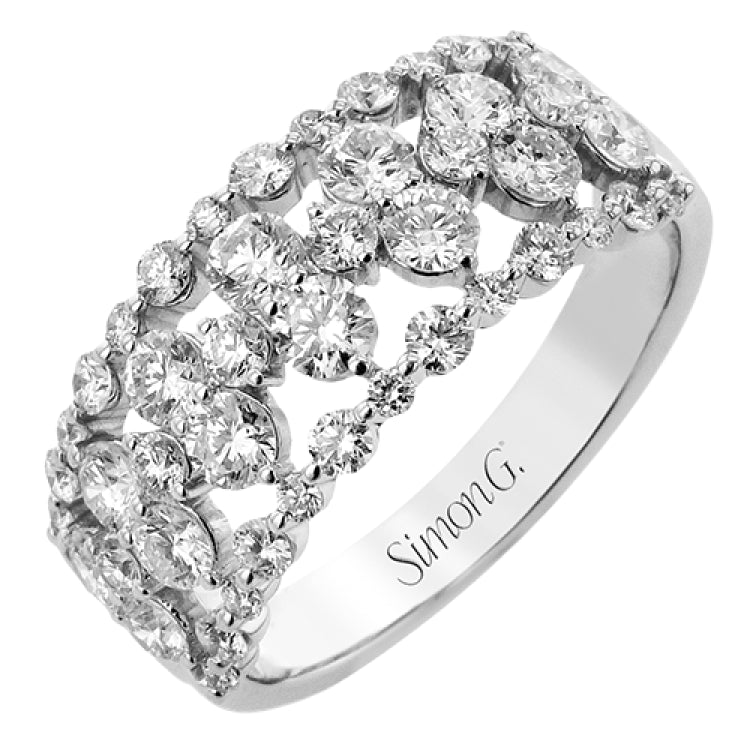 An eye catching diamond anniversary ring gleaming with 1.45 ctw of brillant white diamonds in 18K white gold band.