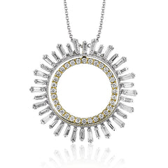 Make a statement with this two in one diamond pendant that features an inner circle of RD diamonds 0.26 ctw. set in yellow gold, with an outer orb of baguettes 1.04 ctw. in white gold