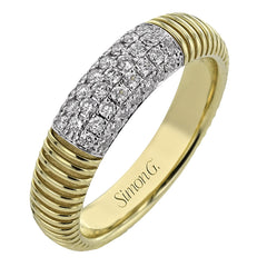 18K two toned right hand ring has a domed ribbed design, accented with rows of pave set diamonds on 3 sides 0.35 ctw.