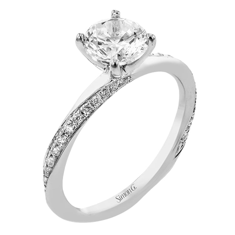 Unique twist design engagement ring with 0.19 ctw white diamonds set in a brushed white gold finish.