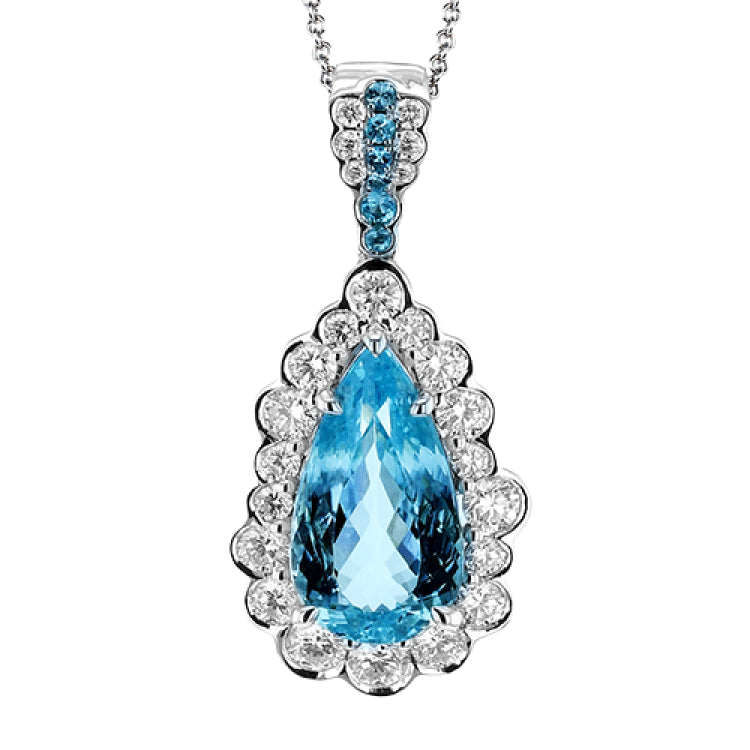 This 18K white gold necklace features a stunning 3.18 ctw Paraiba tourmaline center, surrounded by 1.05 ctw of white diamonds and a sprinkling of paraibas 0.07 tw. on the bail