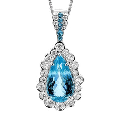 This 18K white gold necklace features a stunning 3.18 ctw Paraiba tourmaline center, surrounded by 1.05 ctw of white diamonds and a sprinkling of paraibas 0.07 tw. on the bail