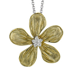 18K two tone gold textured flower pendant has a cluster of white diamonds in it's center 0.04 ctw on a white gold chain