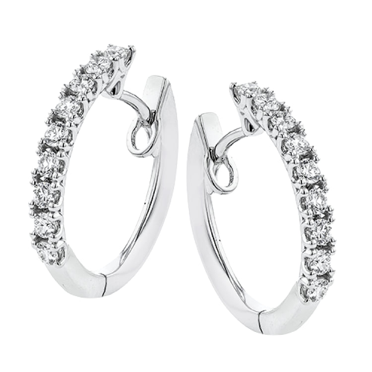 Our beautiful white gold 1/2 carat diamond hoop earrings are prong set with .47 ctw of diamonds